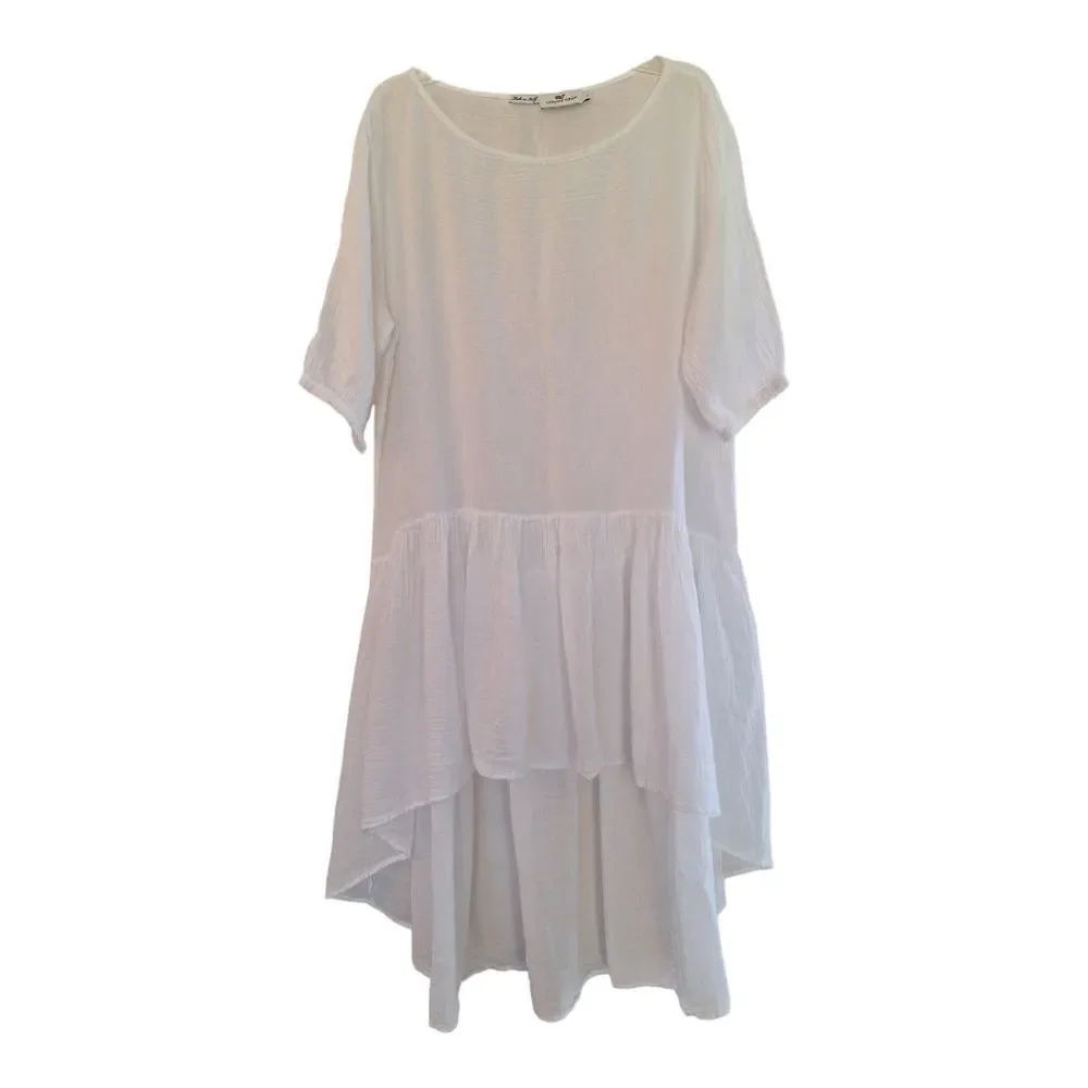 Vineyard Vines White Cotton Gauze High Low Ruffle Dress Made in Italy Oversize S